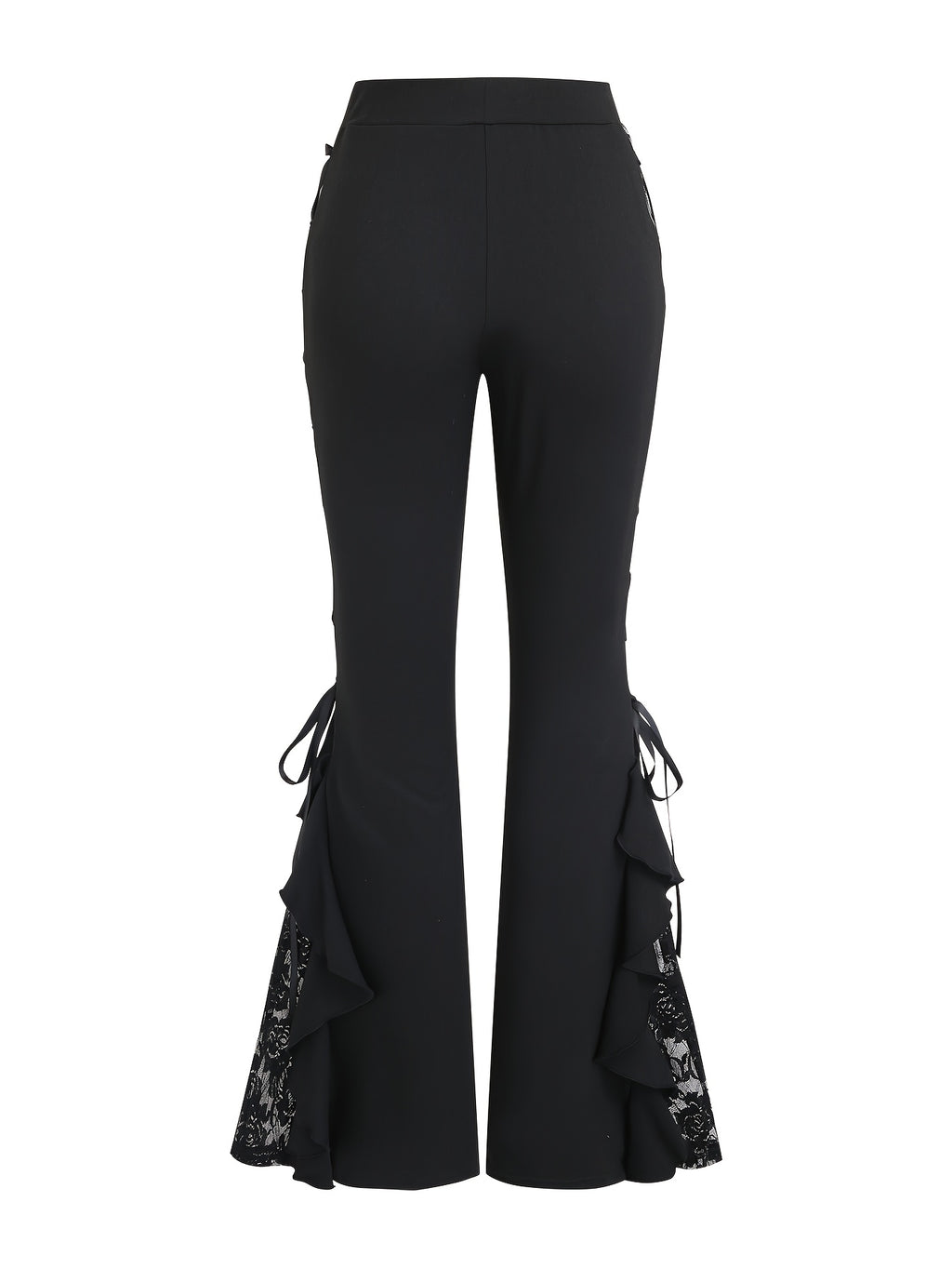Women's Gothic Flared Pants with Contrast Lace and Tie-Up Design