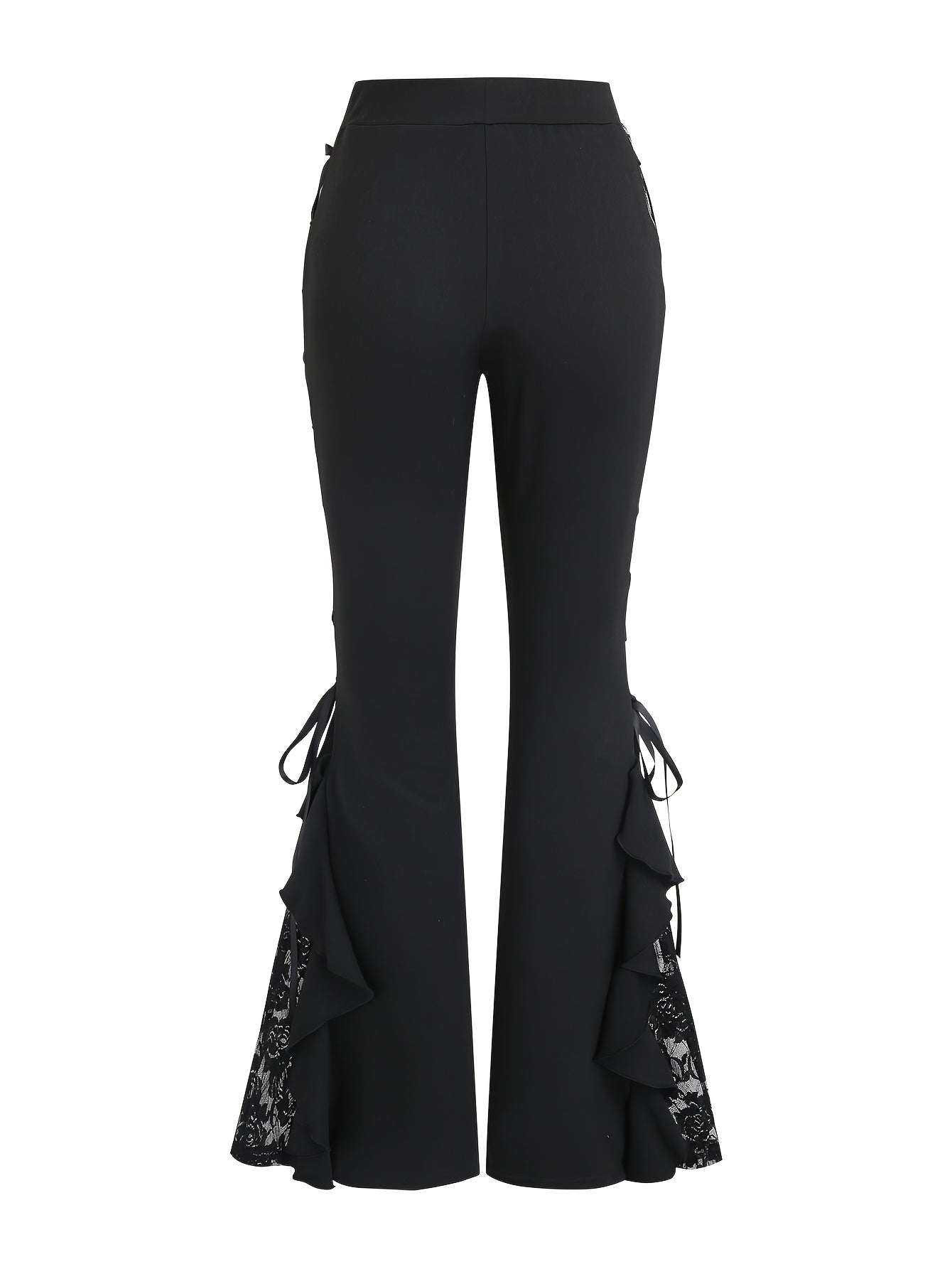 Women's Gothic Flared Pants with Contrast Lace and Tie-Up Design