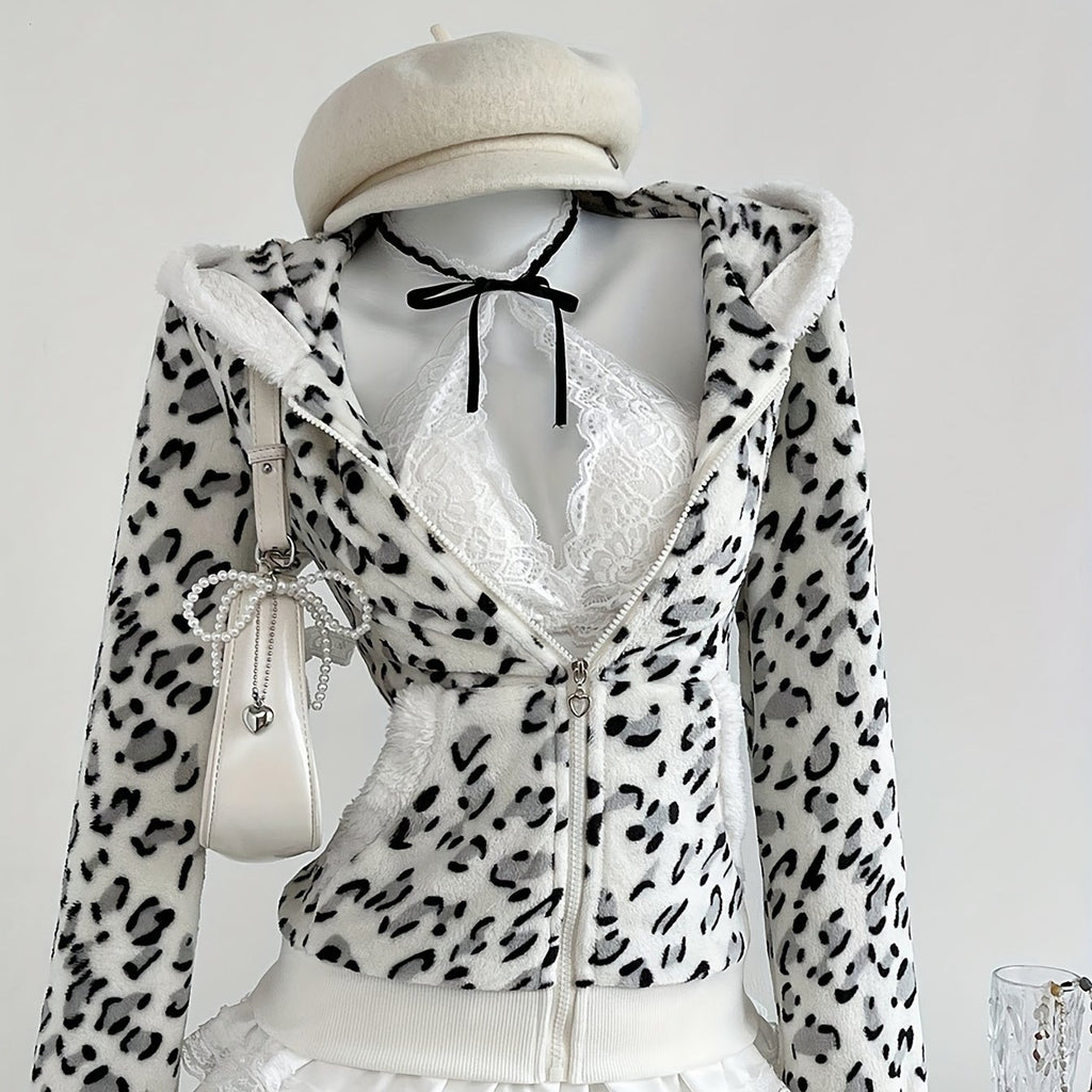 1pc Women'S Soft Fleece Hooded Jacket with & Leopard Print - Cozy Winter Warmth, Full-Zip Casual Outerwear, // Animal Pattern, Machine Washable