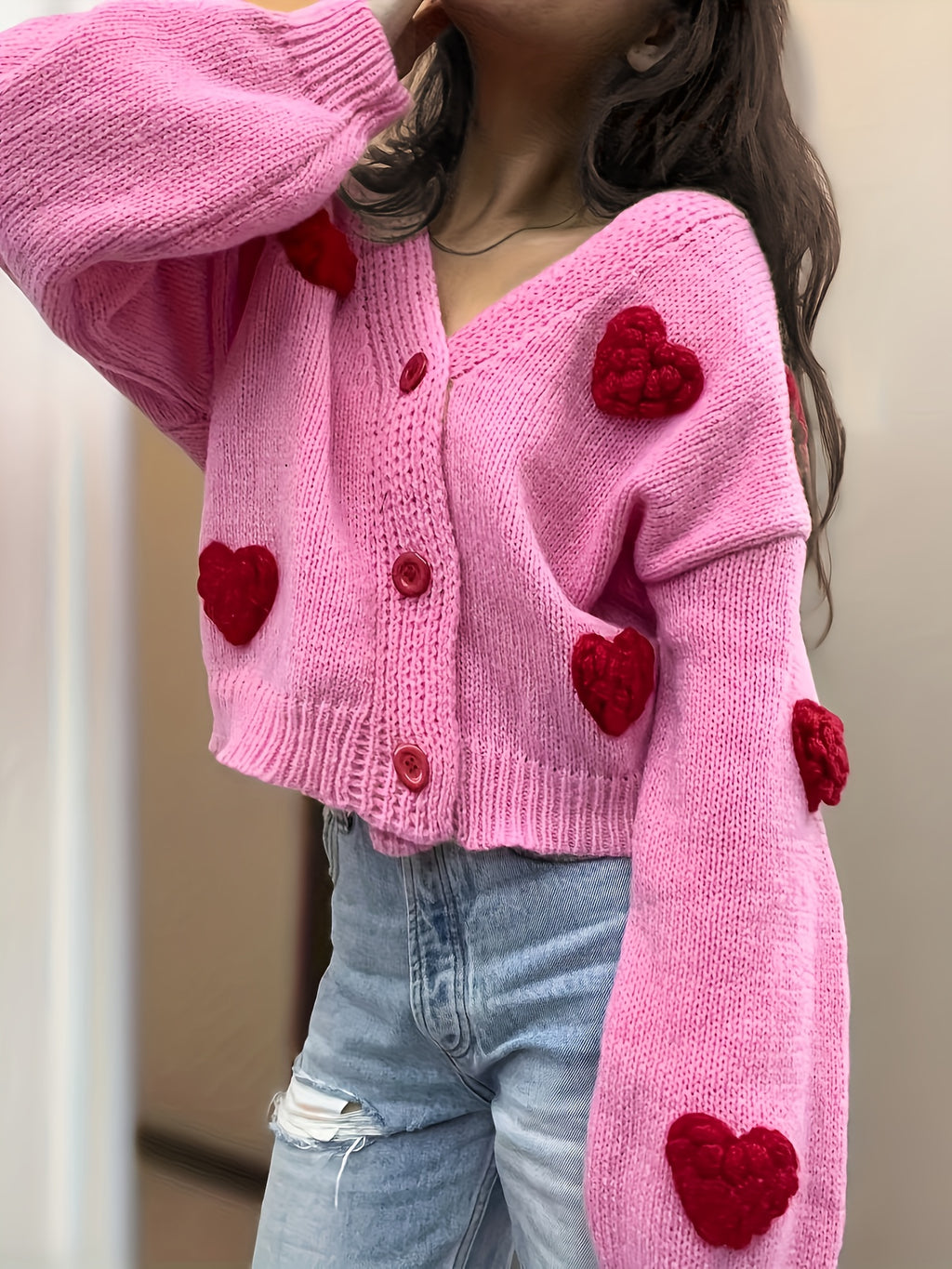 Chic Handmade Heart Pattern V-Neck Cardigan