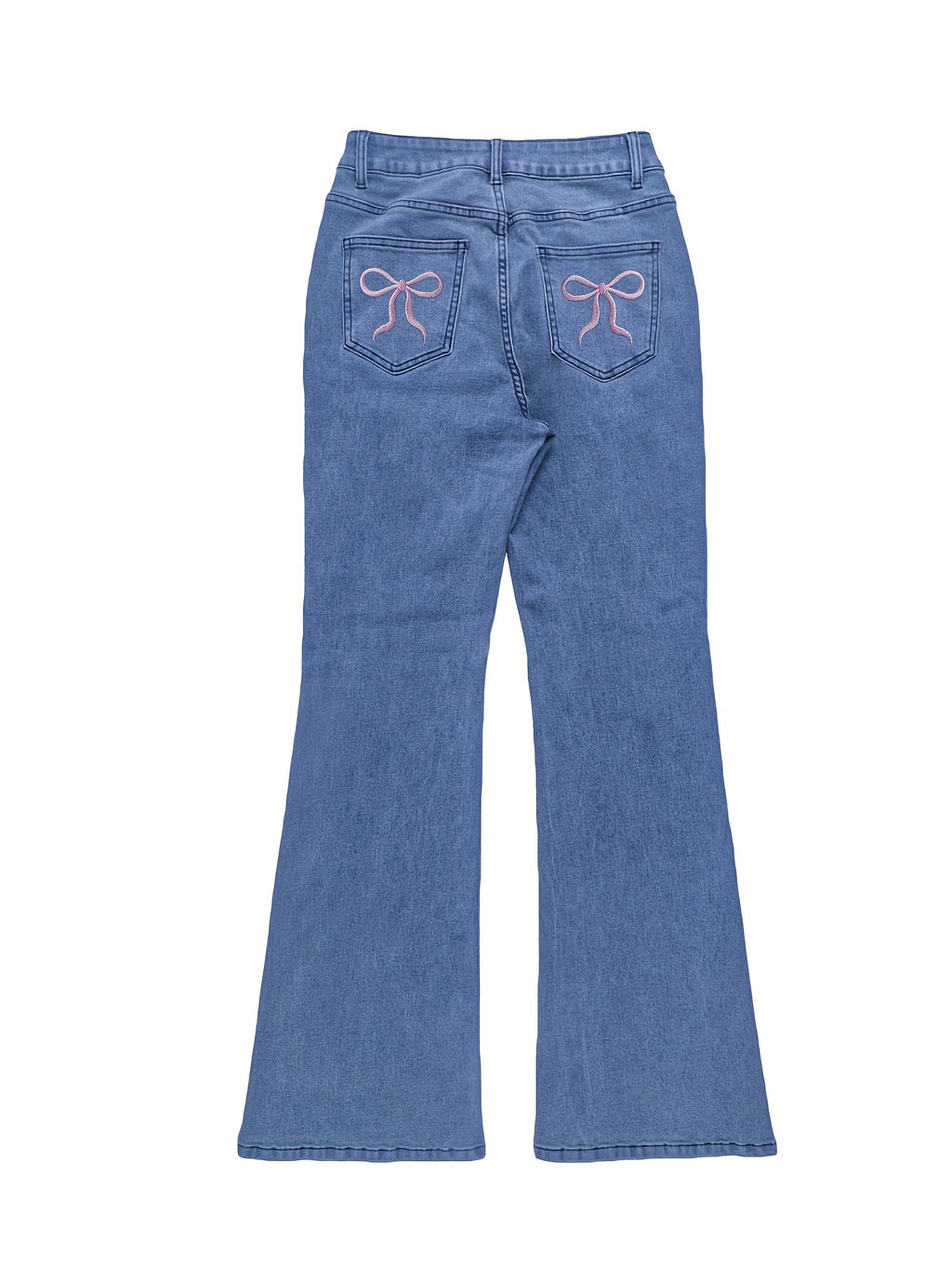 Women'S High-Waisted Stretch Denim Flare Jeans with Embroidered Bow Detail, Street Style Casual Pants, All-Season Comfort, Blue, High Waisted Jeans, Comfortable Fashion, Durable Fabric