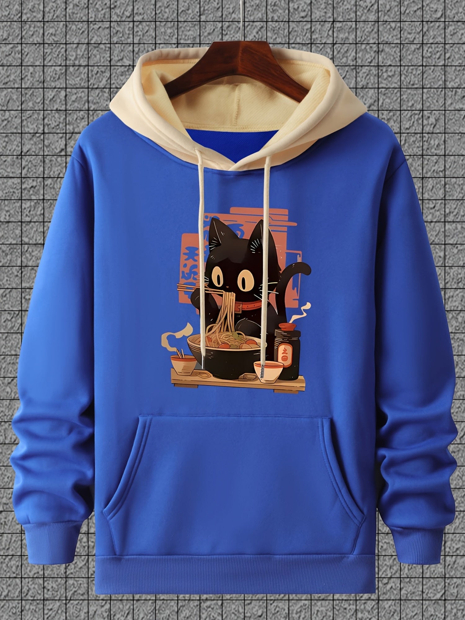 Casual Polyester Hoodie with Black Cat Eating Ramen Print
