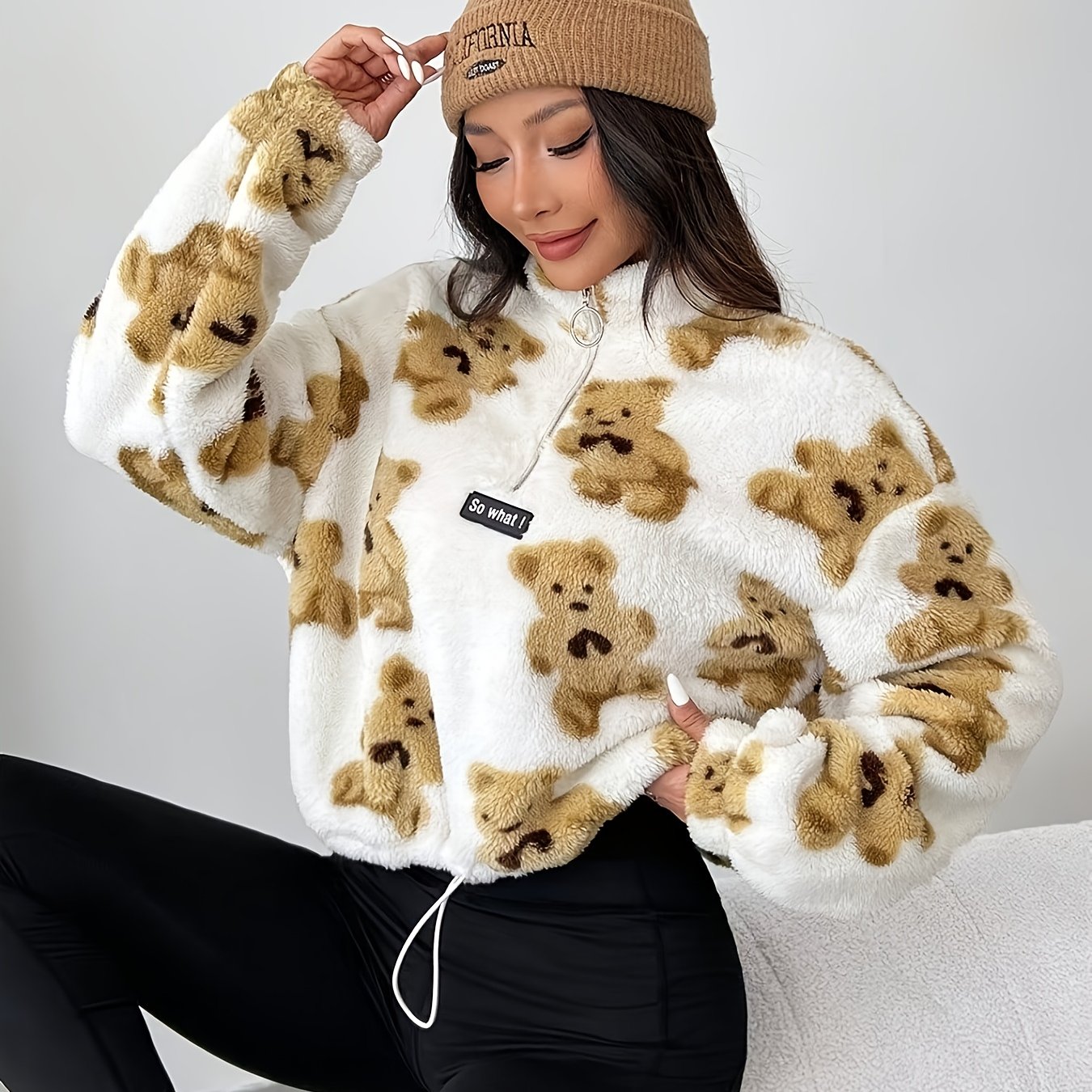 Women's Plush Teddy Bear Zipper Sweater - Cozy Plush Sweater with Half-Zip Front, & Brown Teddy Bear Design, All-Season Casual Winter Sweater for Women (Machine Washable) - Soft Long Sleeve Sweater for Layering & Standalone W