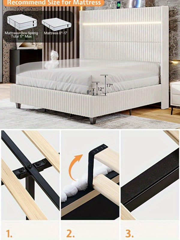 Queen/King Size LED Platform Bed Frame-60" Wingback Corduroy Headboard With USB Charging Station