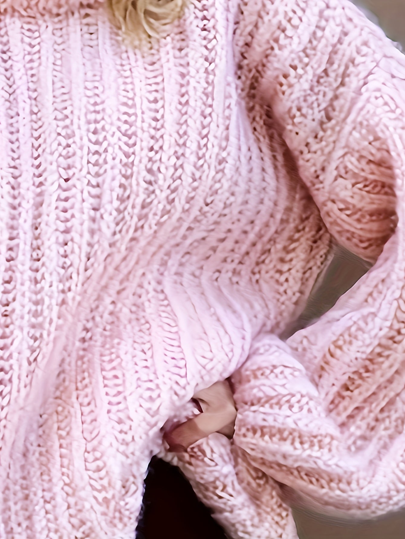 Cozy Pink Sweater with Puff Sleeves and Ribbed Detail