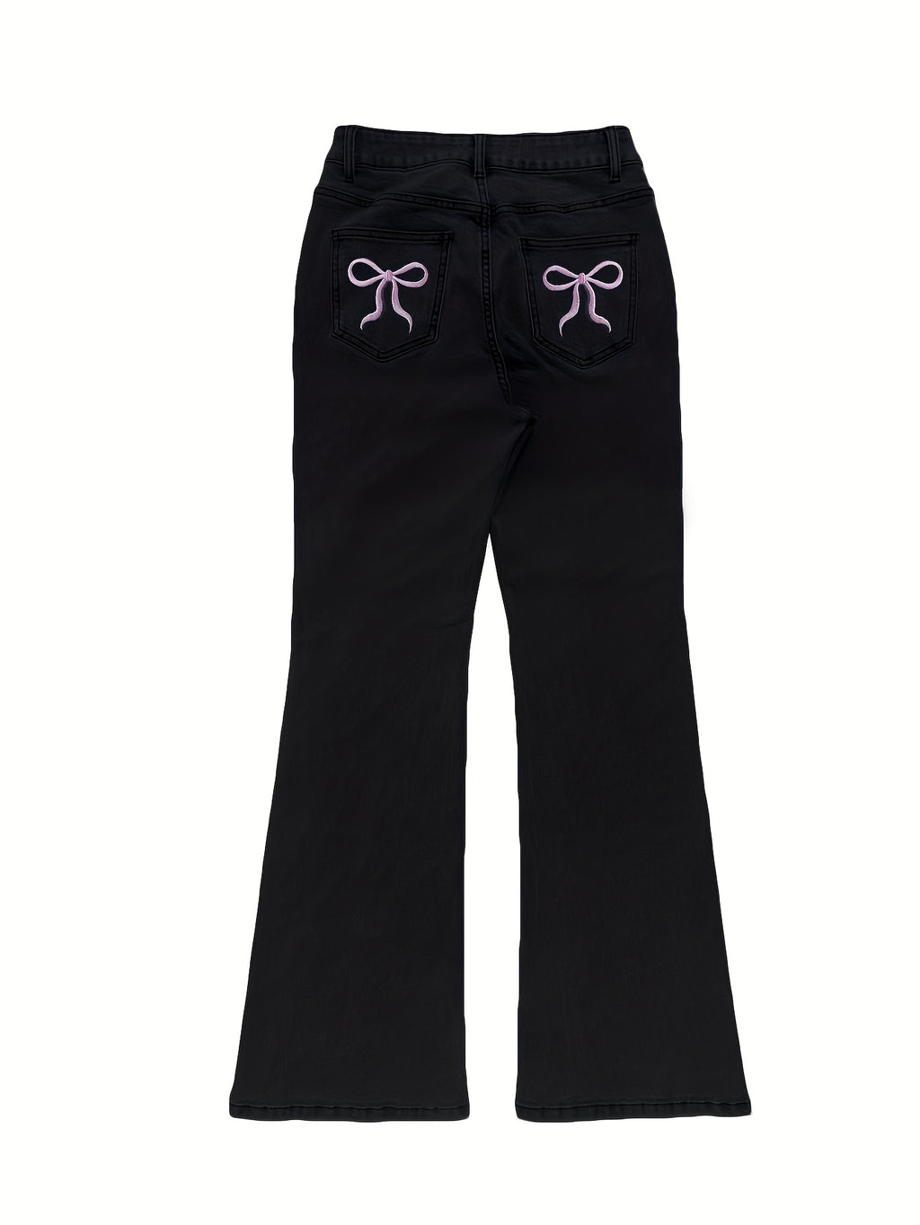 Women'S High-Waisted Stretch Denim Flare Jeans with Embroidered Bow Detail, Street Style Casual Pants, All-Season Comfort, Blue, High Waisted Jeans, Comfortable Fashion, Durable Fabric