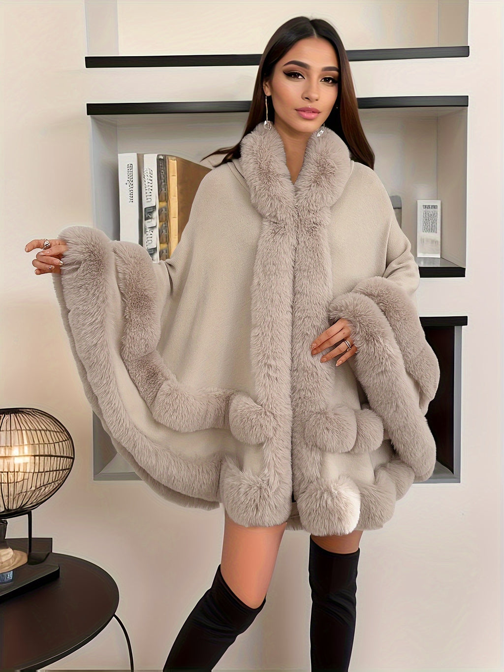 Faux Rabbit Fur-Lined Hooded Cape