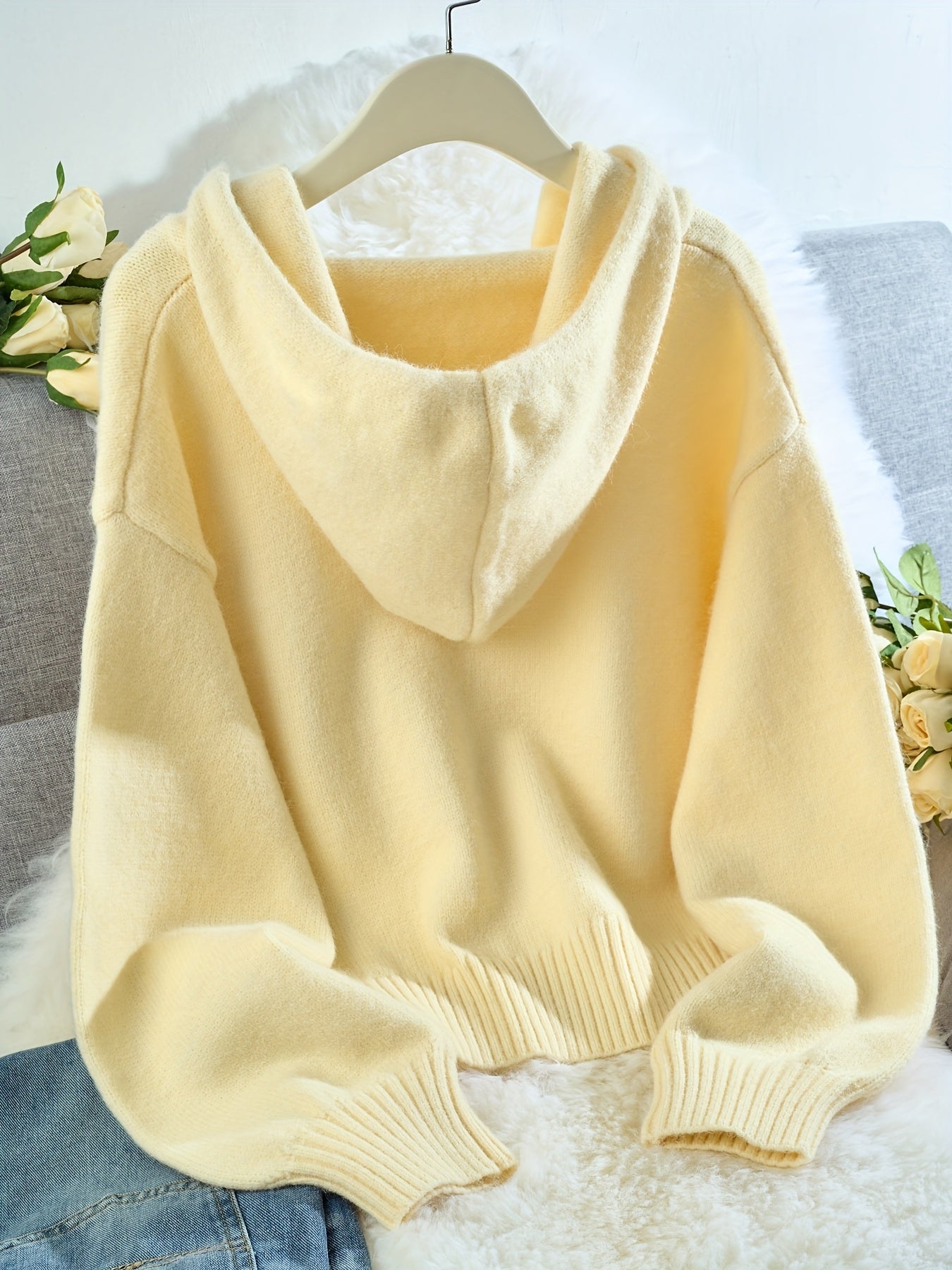 Women's Mustard Yellow Sweater - Elegant Hooded Pullover Sweater with Drawstring Hood, Soft Longline Top for Fall/Winter, Casual Chic Outfits (Non-Transparent Fabric), Cozy Autumn Apparel, Relaxed Fit, Medium Elasticity