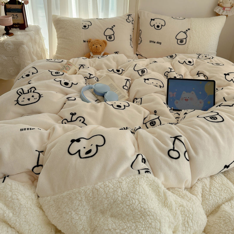 {3/4pcs} Cartoon Lambskin + Milk Velvet Set