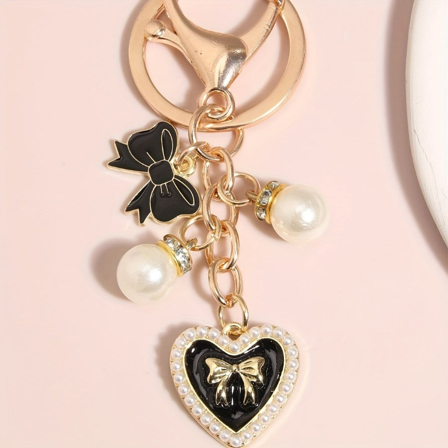 Butterfly Keychain with, Faux Pearls & Crystal Heart Charm