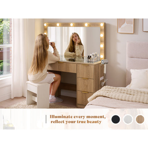 Fluted Vanity Desk With Large Mirror