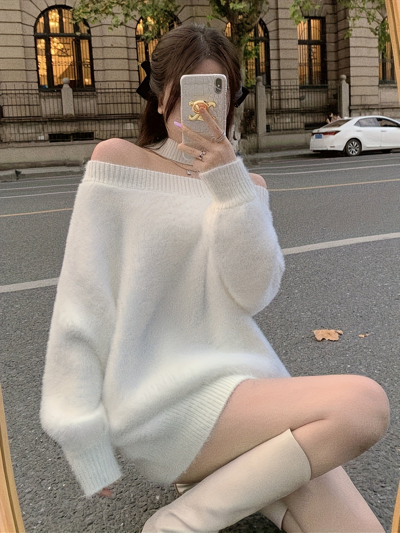 's White Oversized Off-Shoulder Winter Sweater - Collar Long Sleeve Loose Fit Coat Jacket, Reversible Collar Blazer for Fall/Winter, Hand Washable (No Transparency) Office to Party Wear