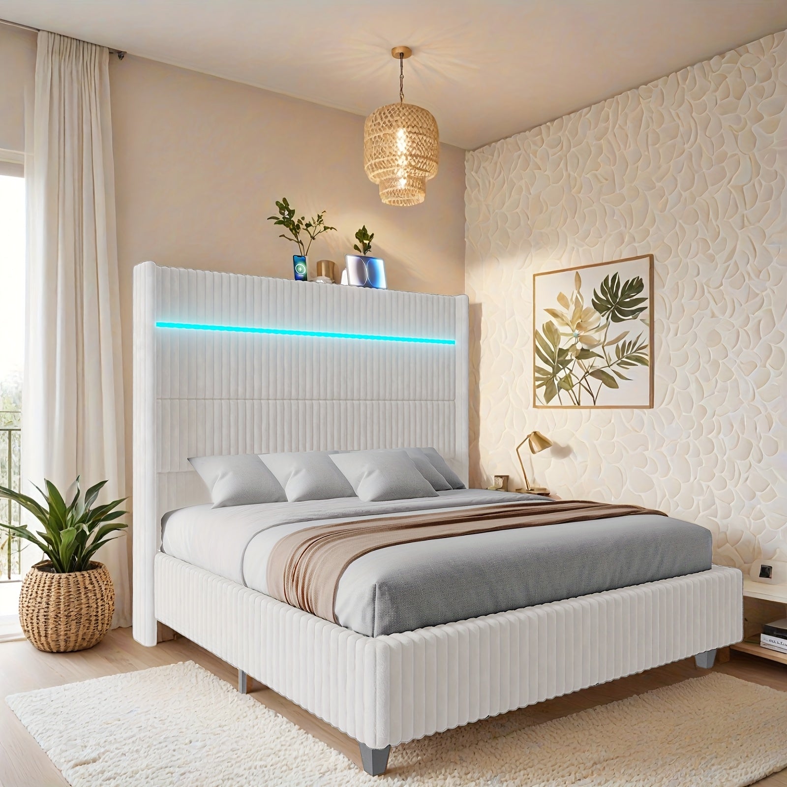 Queen/King Size LED Platform Bed Frame-60" Wingback Corduroy Headboard With USB Charging Station