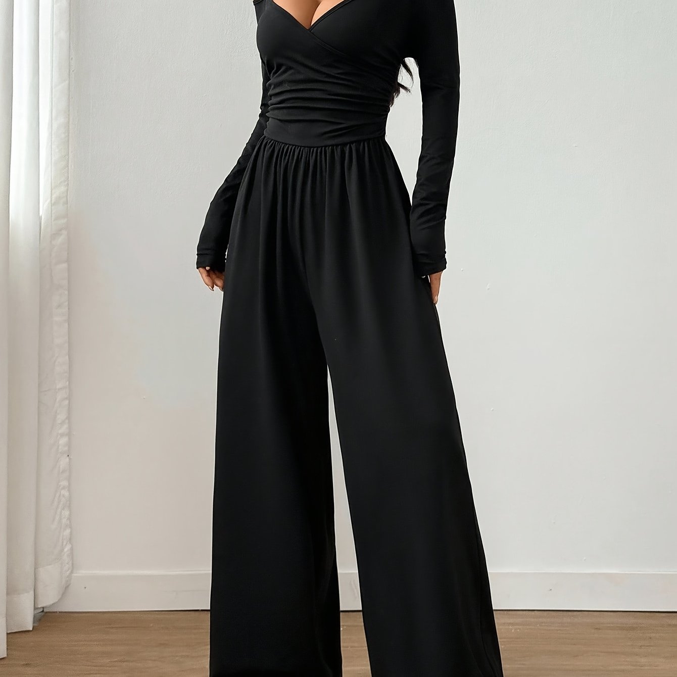 Off-Shoulder V-Neck Jumpsuit with Ruched Wide Legs
