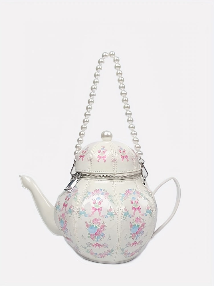 Pink Floral Tea Society Handbag for Women - Chic Designer Handbag with Pearl Strap, Adjustable & Stylish, Polyester Lined, Zip Closure, Perfect for Everyday Use Or Special Occasion