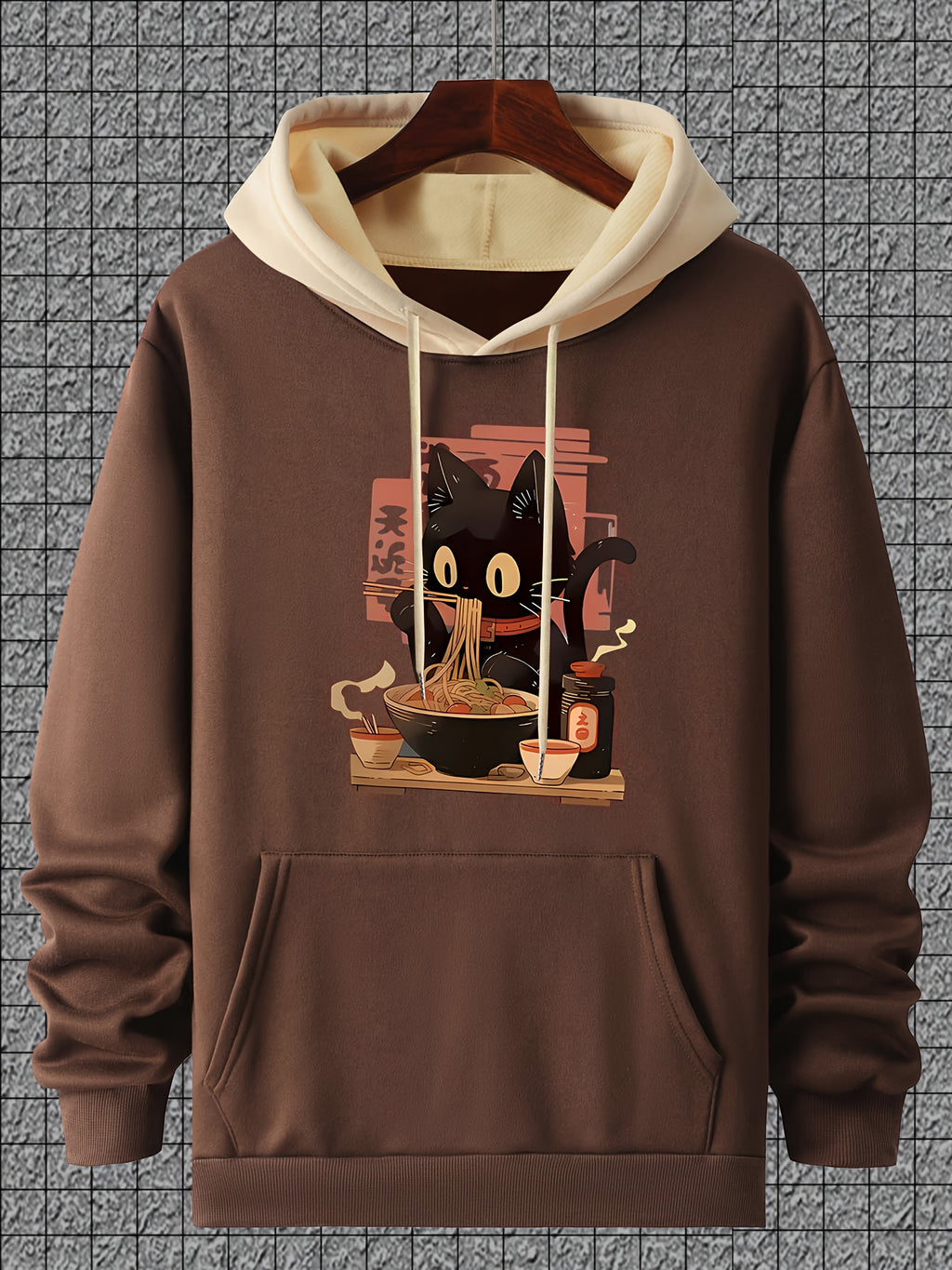 Casual Polyester Hoodie with Black Cat Eating Ramen Print