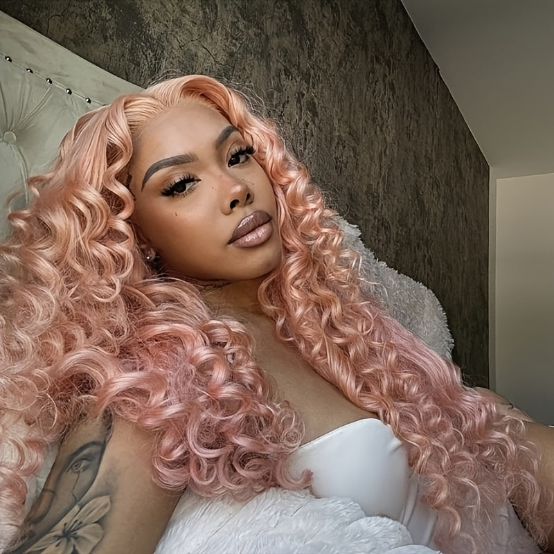 13x4 Pink Wigs Deep Wave Curly Wave Lace Front Wigs HD Lace Glueless Lace Front Wig Pre Plucked Heat Resistant Fiber Wig For Fashion Women Girls Party Vacation Daily Used Valentine'S Day 28inch