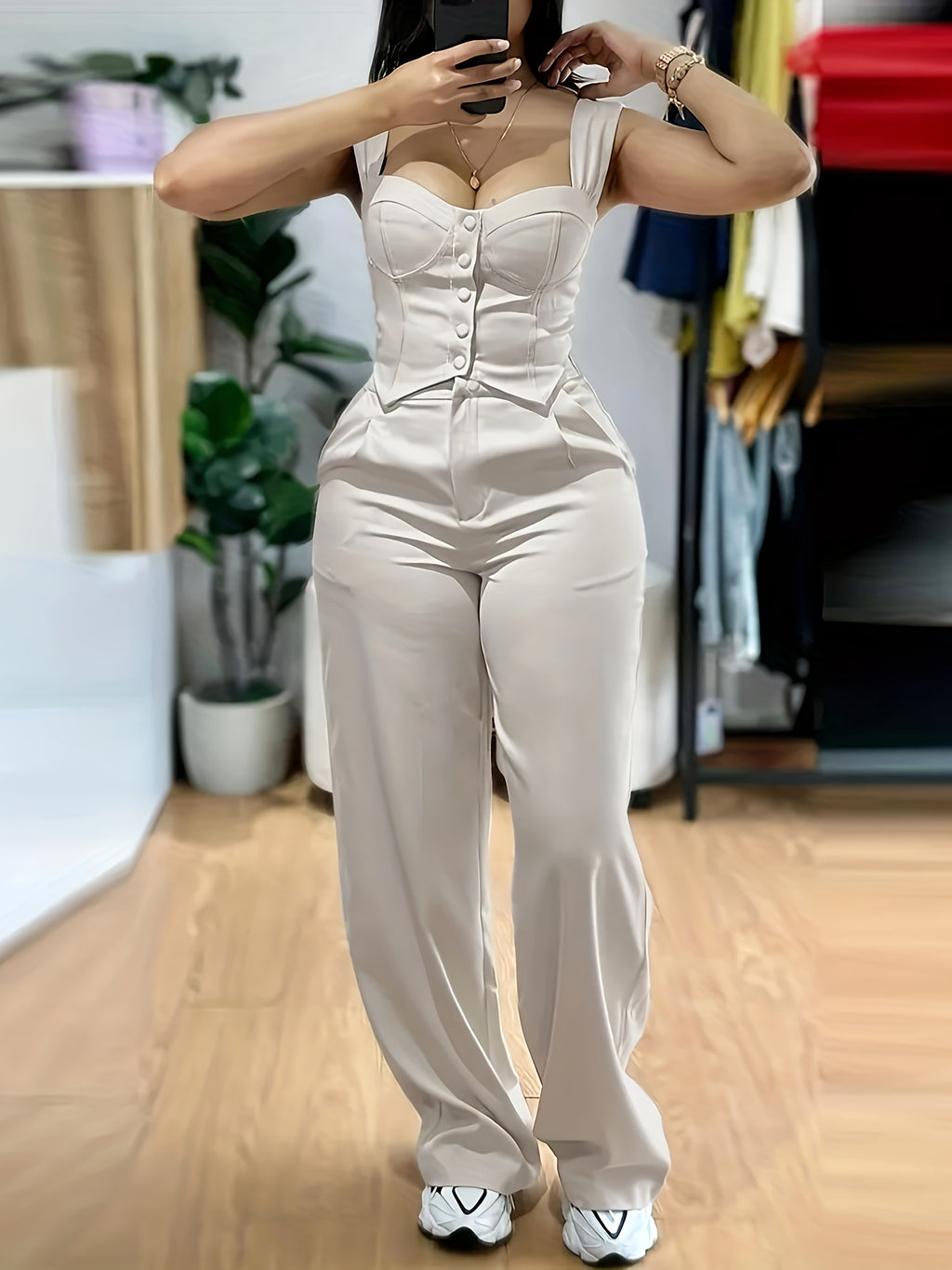 Women'S Yellow Sleeveless Corset Top & Wide-Leg Pants Set - Casual V-Neck with Button Detail, High-Waisted Flared Pants, White Sneakers, and Accessories for a Stylish Outfit, Allseason Attire | Vneck Top | Button Detail Top