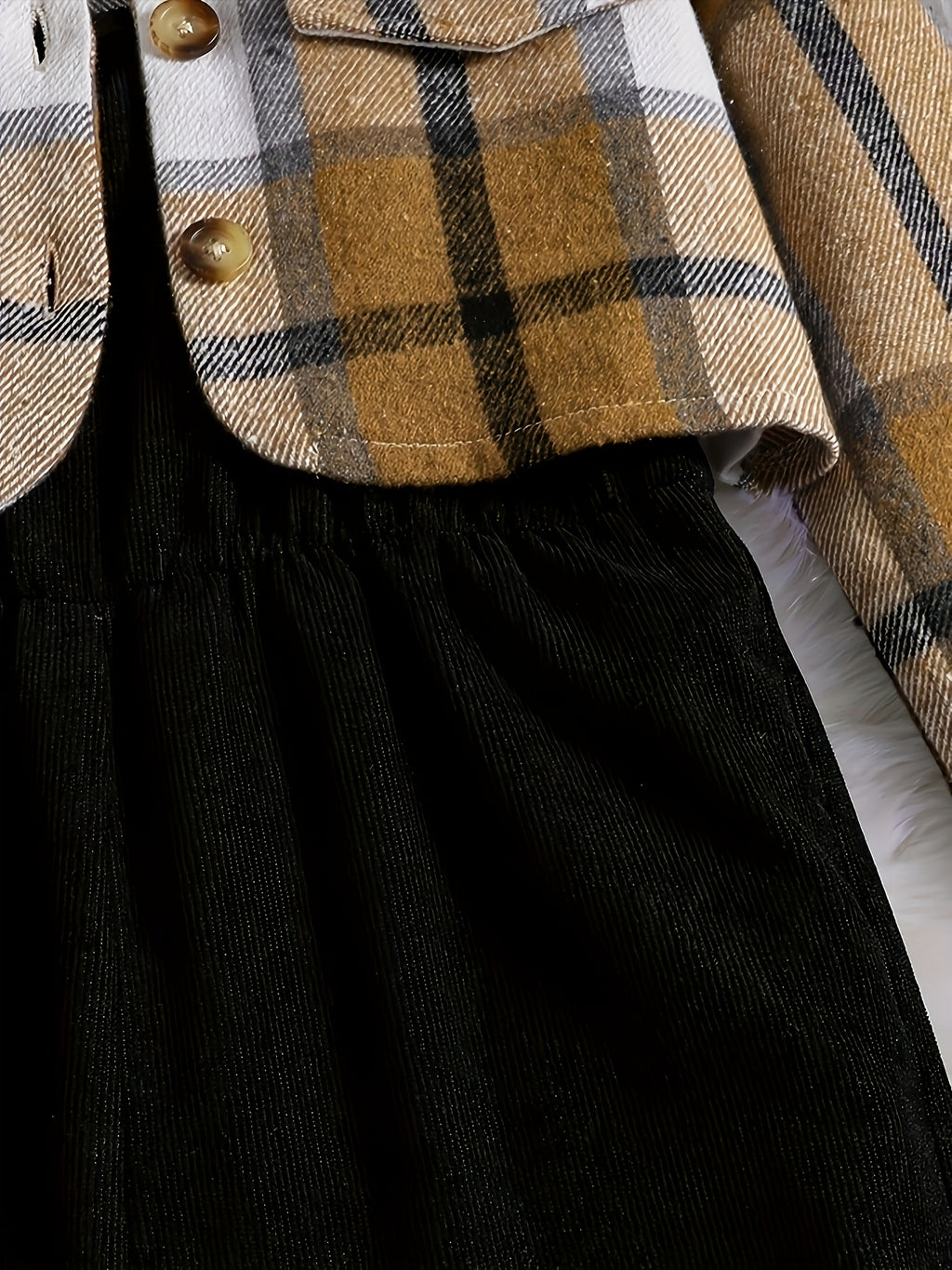 2025 New Elegant Vacation Style: Plaid Printed Button Top with Solid Color Ribbed Camisole Jumpsuit Set