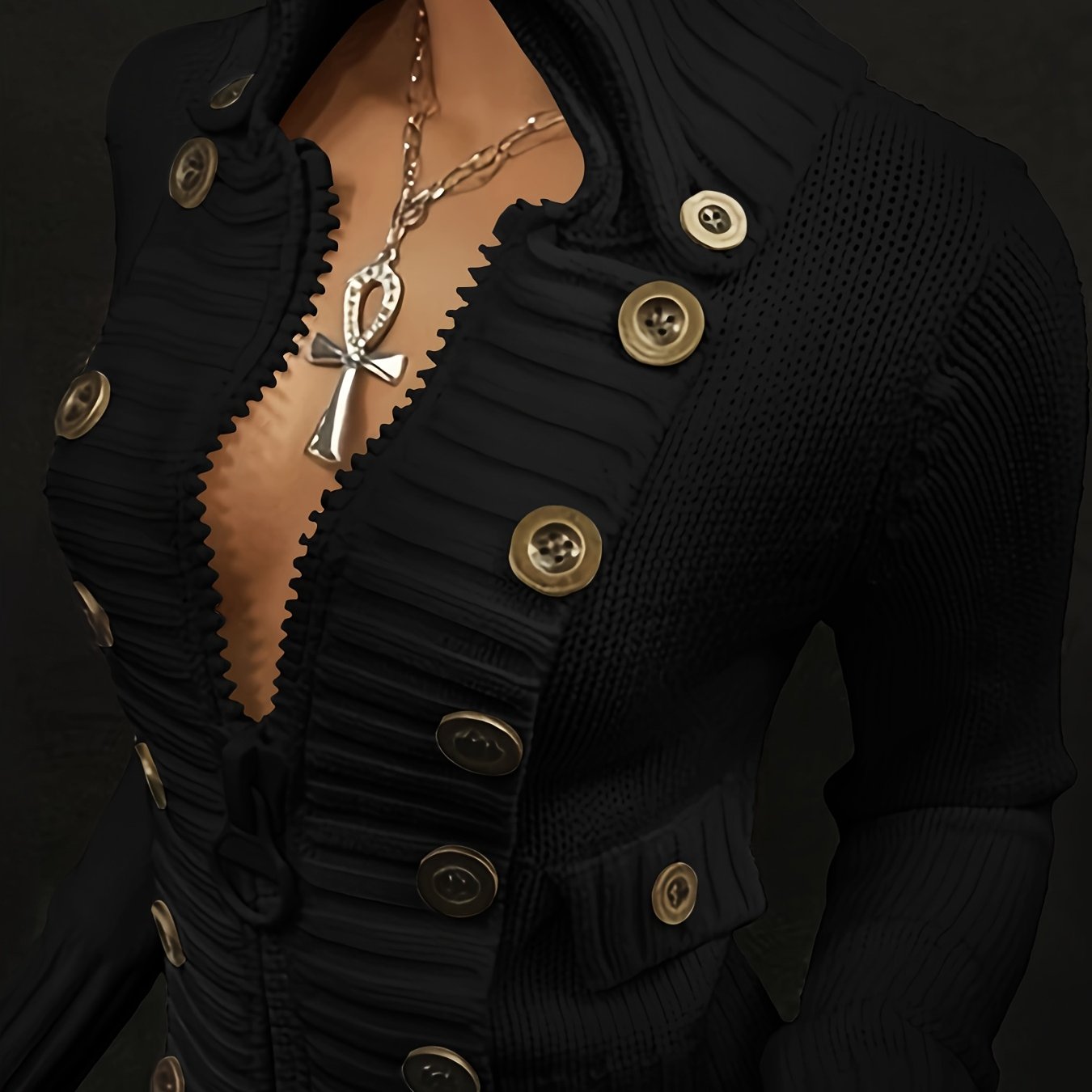 Women's Black Cardigan - Slim-Fit Sweater with Front Zipper & Golden Buttons, Elegant Stand-Up Collar for Formal/Casual Outfits - All-Season Chic Jacket, Versatile Layering, Modern Knitwear, Premium Finish, Fashionforward Wom