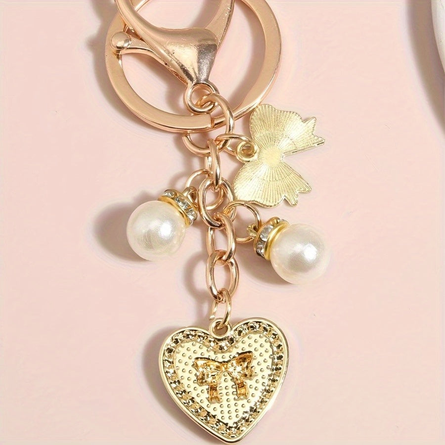Butterfly Keychain with, Faux Pearls & Crystal Heart Charm