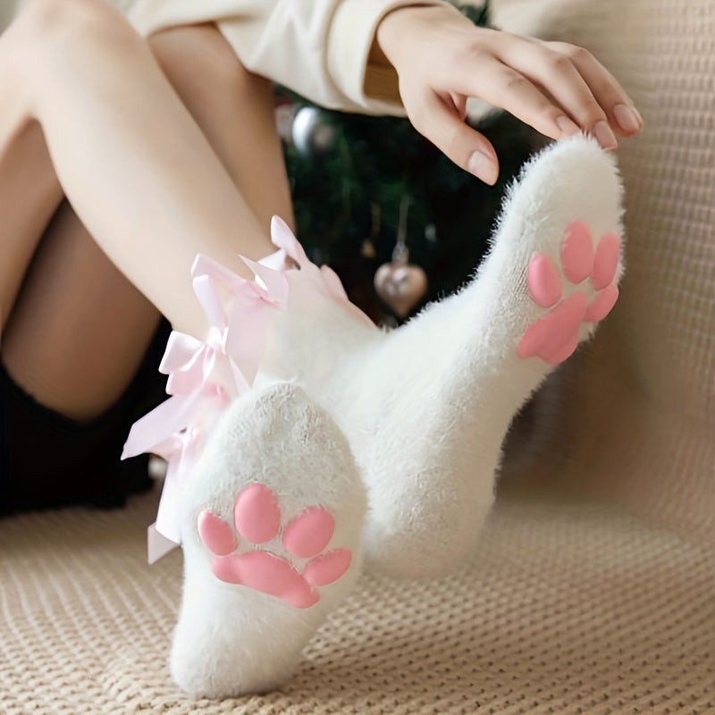 1 Pair Autumn Winter 3D Cat Paw Women'S Socks, Polyamide 100% Fuzzy Knit Fabric, Solid Color, Hand Wash or Professional Dry Clean
