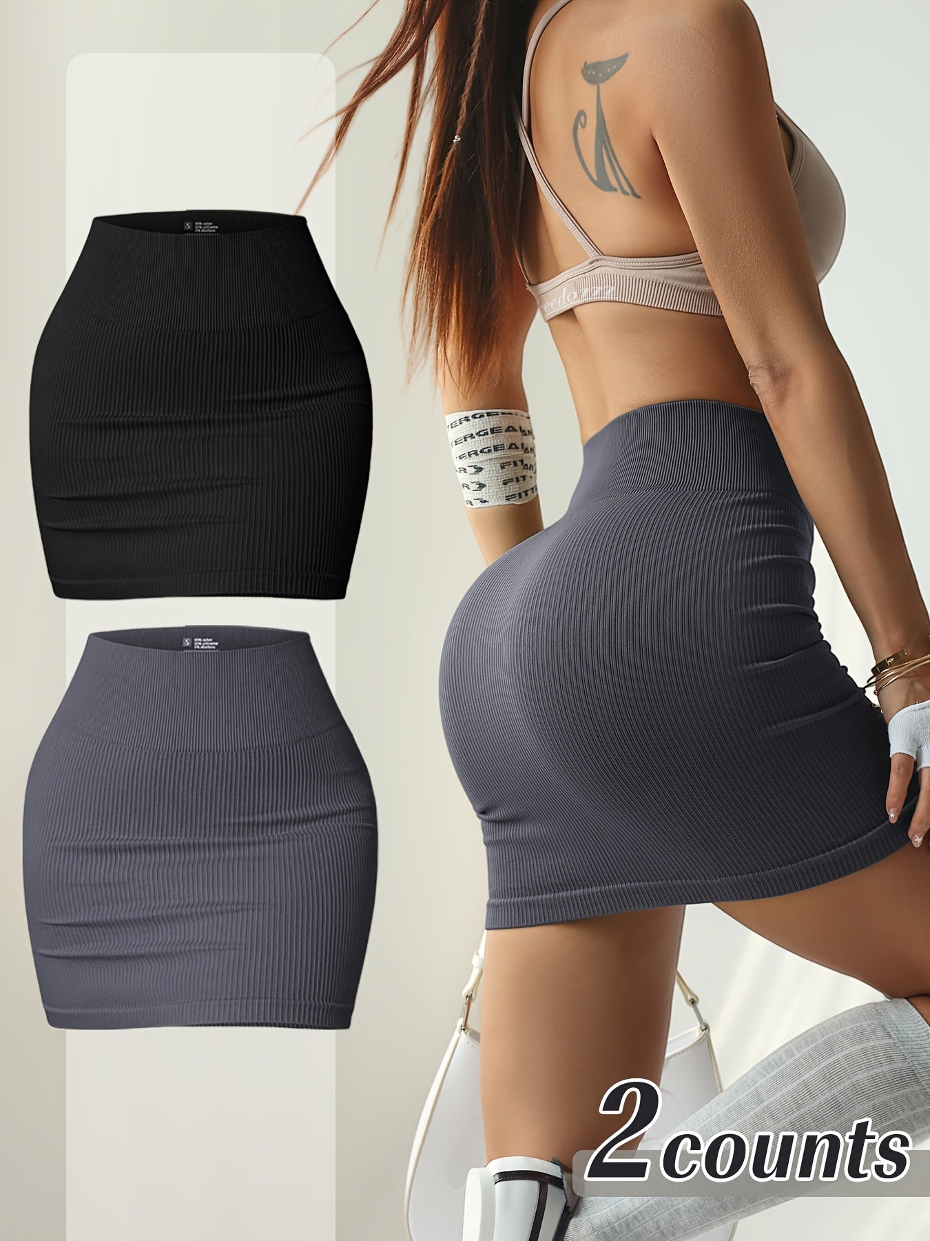 {2pcs} High-Waisted Ribbed Bodycon Mini Skirt