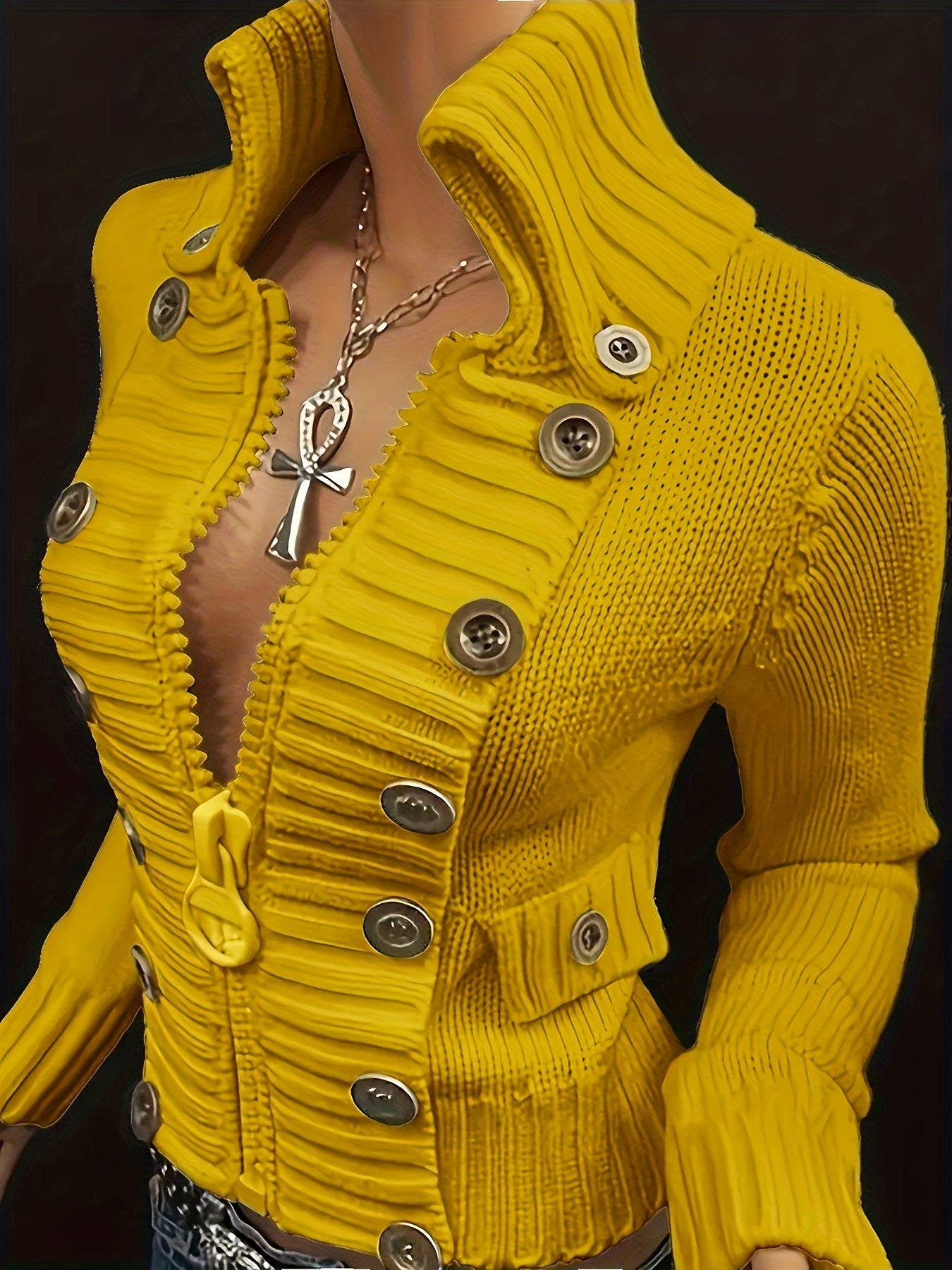 Women's Black Cardigan - Slim-Fit Sweater with Front Zipper & Golden Buttons, Elegant Stand-Up Collar for Formal/Casual Outfits - All-Season Chic Jacket, Versatile Layering, Modern Knitwear, Premium Finish, Fashionforward Wom