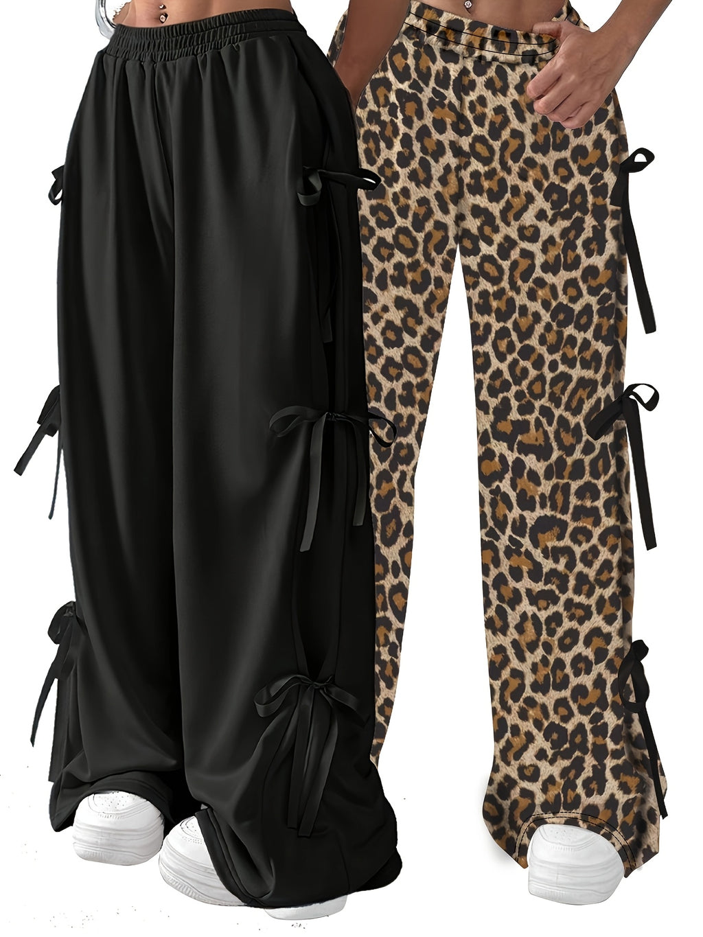 Elegant Side Bow Tie Straps & Back Pockets Stretchy Loose Straight Leg Pants