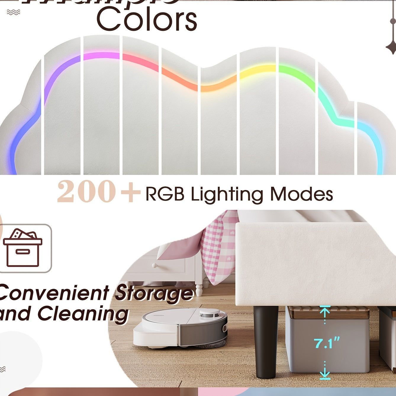 LUXOAK LED-Illuminated Twin Bed Frame with Velvet Cloud Headboard, Pink Platform Design - Easy DIY Assembly, Under-Bed Storage, Modern Hardwood Construction, Box Spring Optional