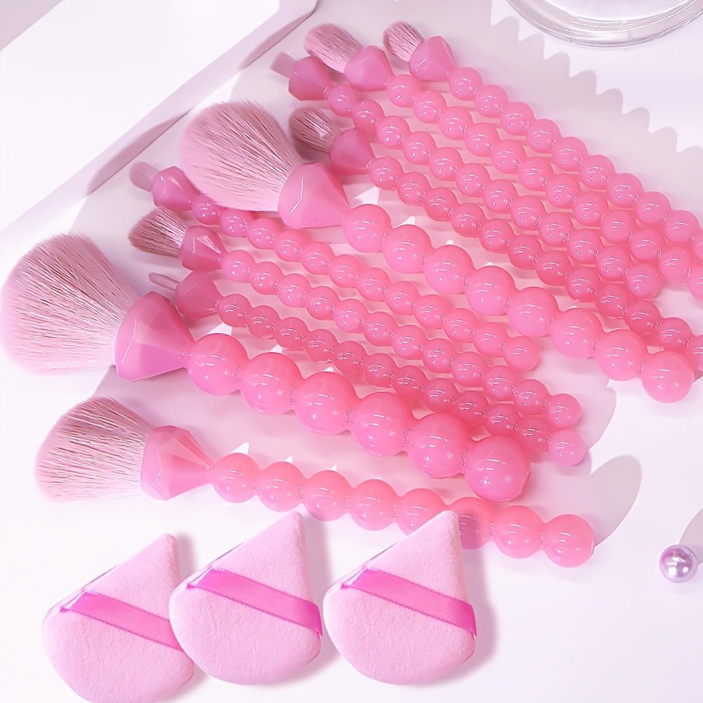 10pcs Pink Pearl Shaped Makeup Brush+3 Powder Puff Full Set Makeup Brushes