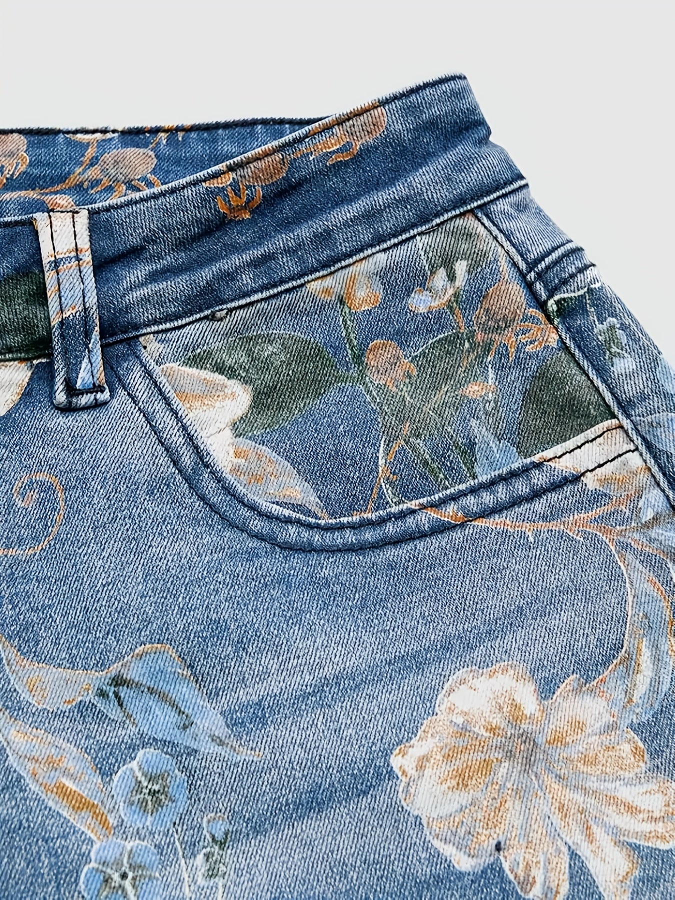 Women'S Large-sized Stretch Retro High-waisted Denim Pants With Bright Floral Print - Casual Retro Street Pants, Machine-washable Denim, Side Pockets