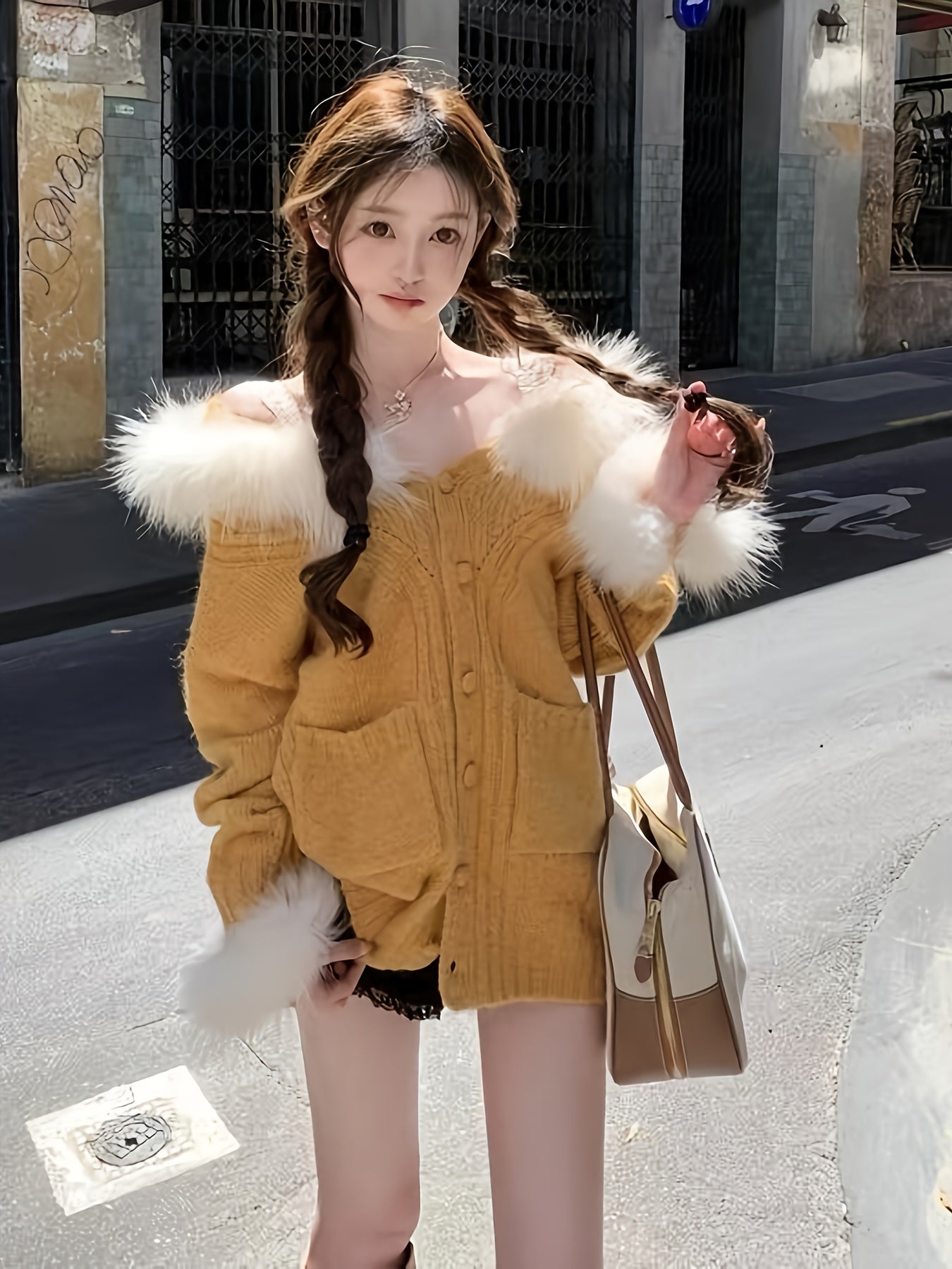 Yellow Hooded Cardigan with Faux Fur Trim
