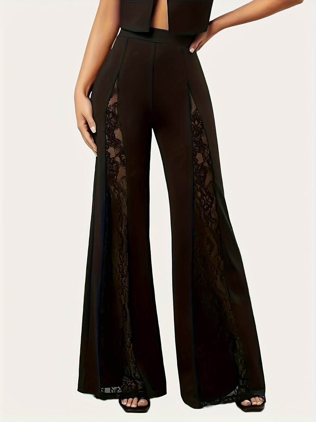 Contrast Lace High-Waisted Wide-Leg Pants