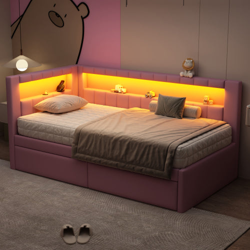 Modern White Upholstered Twin Size Platform Bed with USB Ports & RGB LED