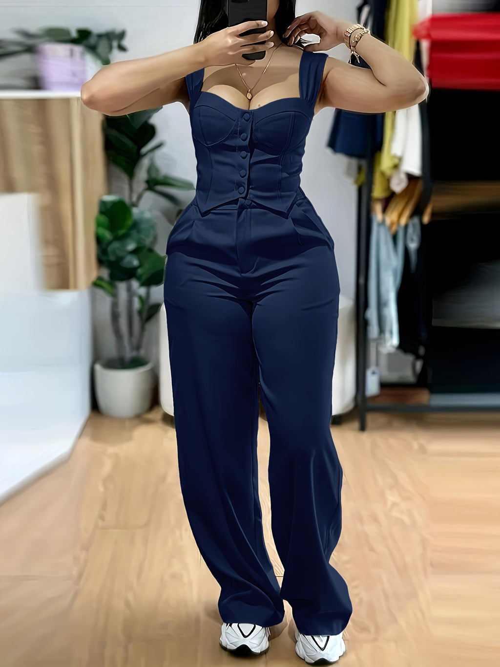 Women'S Yellow Sleeveless Corset Top & Wide-Leg Pants Set - Casual V-Neck with Button Detail, High-Waisted Flared Pants, White Sneakers, and Accessories for a Stylish Outfit, Allseason Attire | Vneck Top | Button Detail Top