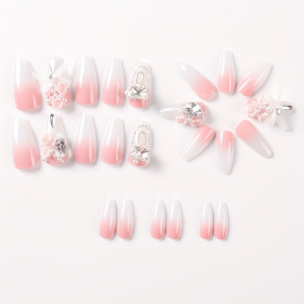 [24pcs} Spring and Summer Pink Gradient Flower Lace Bow Medium Ballet Shaped Nails