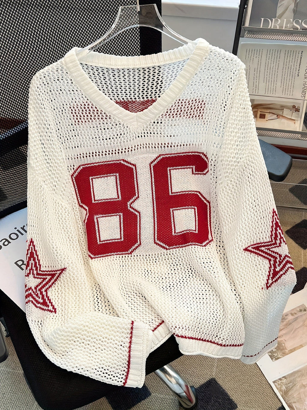 Women's Y2K Top - V-Neck Long Sleeve Mesh Blouse with 86 & Star Cut-Out Design, Breathable Black/White Contrast for Spring/Summer Casual Outfits, Cute Blouse, Versatile Clothing, Contrast Color Design