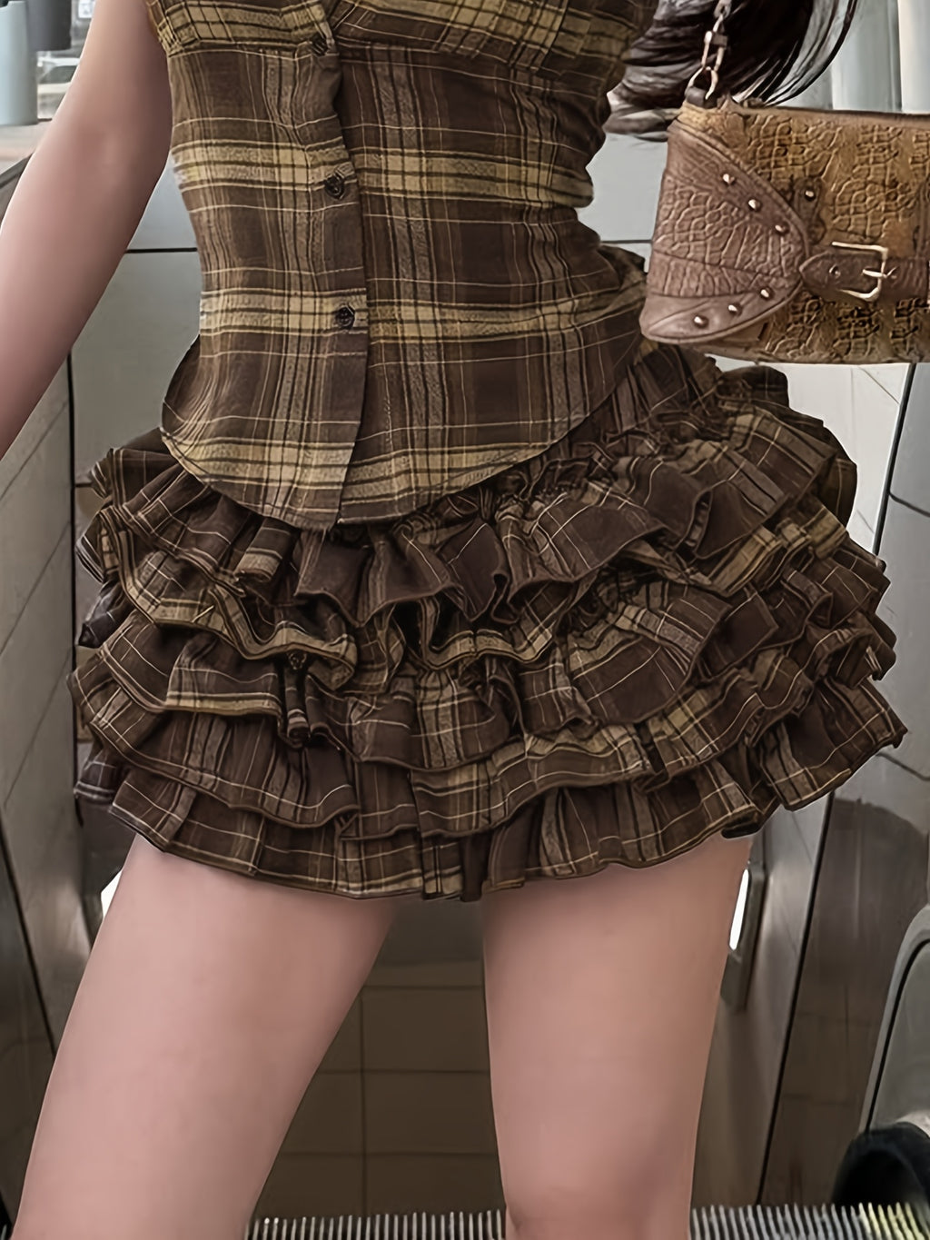 Brown Plaid Mini Skirt