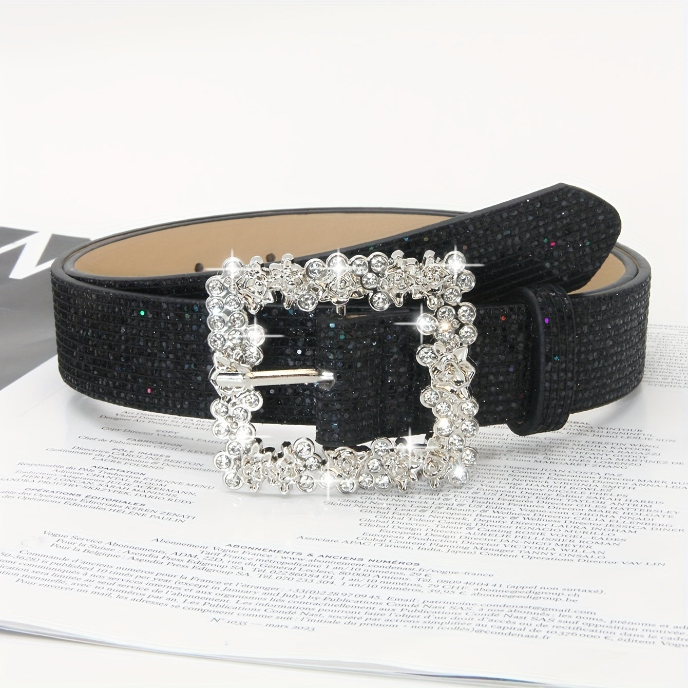 Rhinestone PU Leather Belt with Metallic Buckle