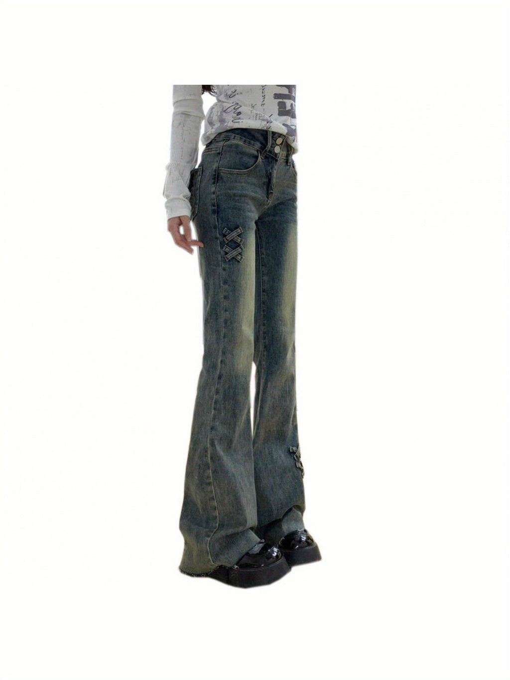 Retro Double Button Flared Jeans
