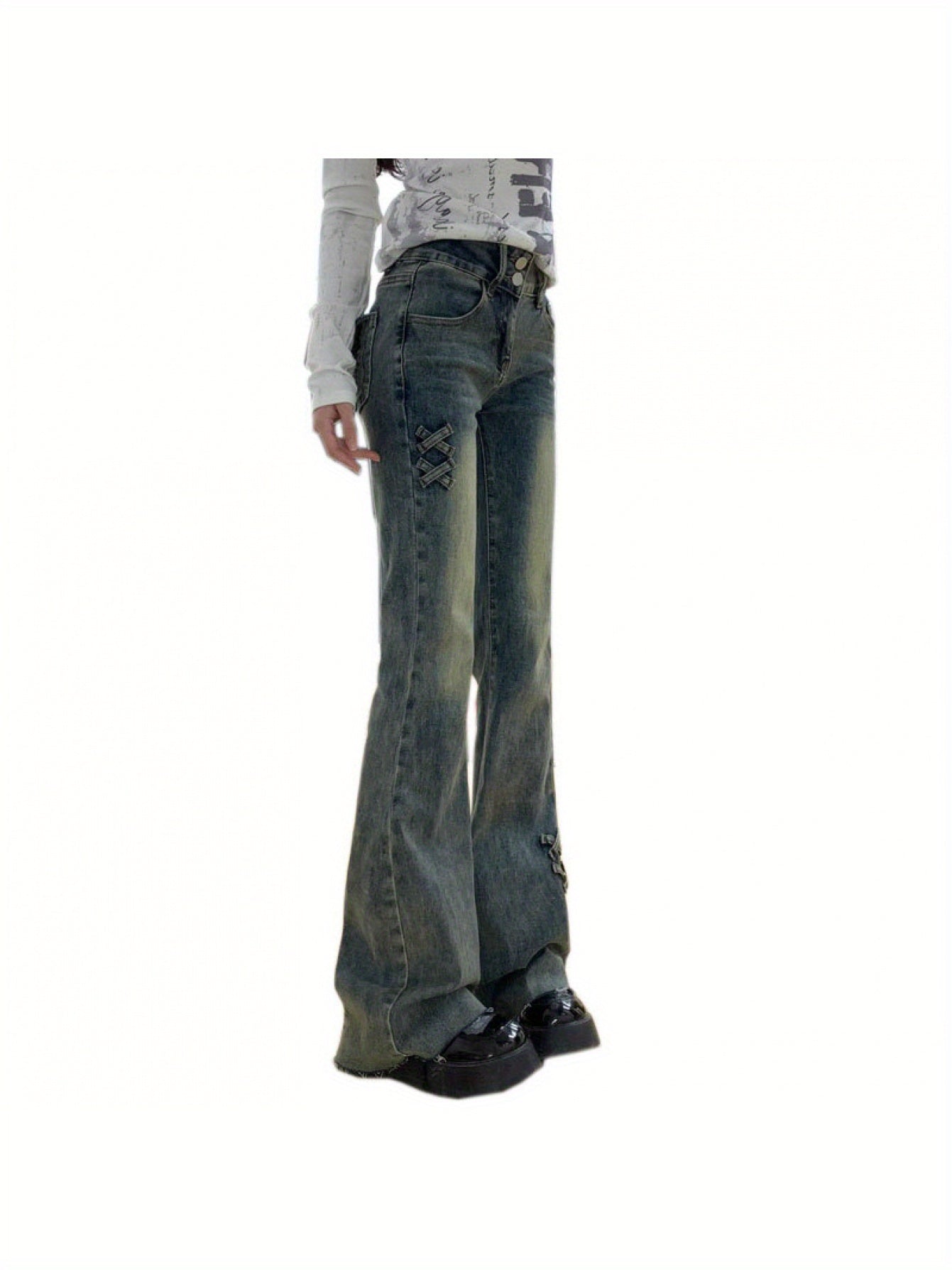 Retro Double Button Flared Jeans