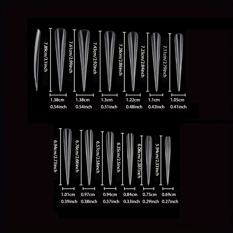 5Xl Long Full-Cover Nail Tips, Long Teardrop Shaped Nails, Transparent Salon Pointed Nails with 60pcs