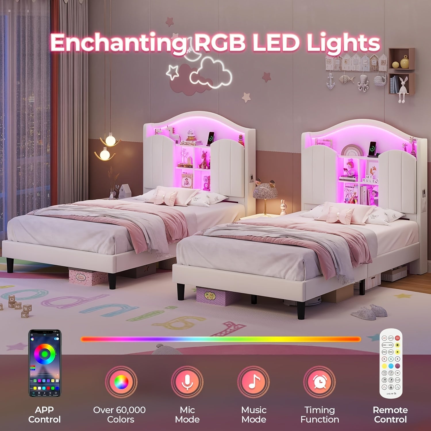 Upholstered Princess Twin Bed with LED Lights & Power Outlts