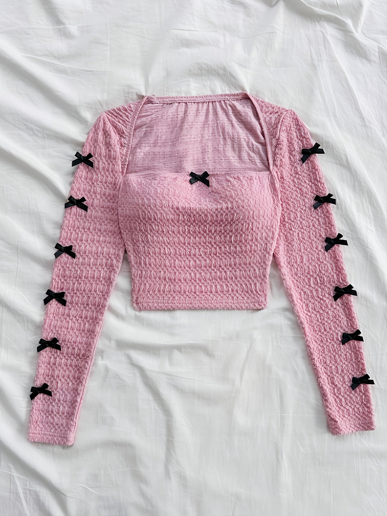 Women's Elegant Summer Crochet Blouse with Accents - Square Neck Long Sleeve Stretchy Top, Machine Washable Solid Color Shirt for Casual & Formal Wear, Textured Fashion, Comfortable Fit, Versatile Top, Lightweight Material, A