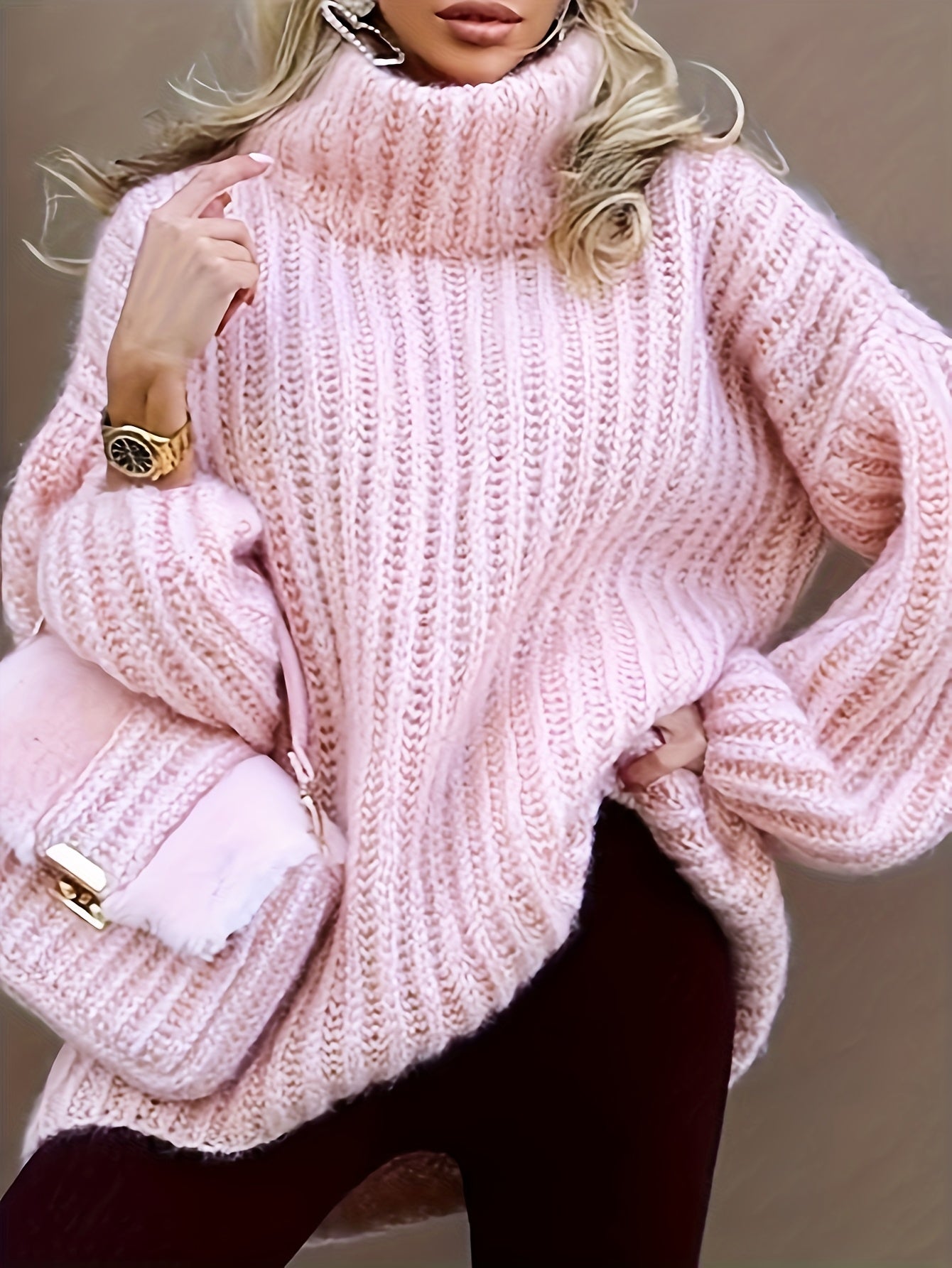 Cozy Pink Sweater with Puff Sleeves and Ribbed Detail