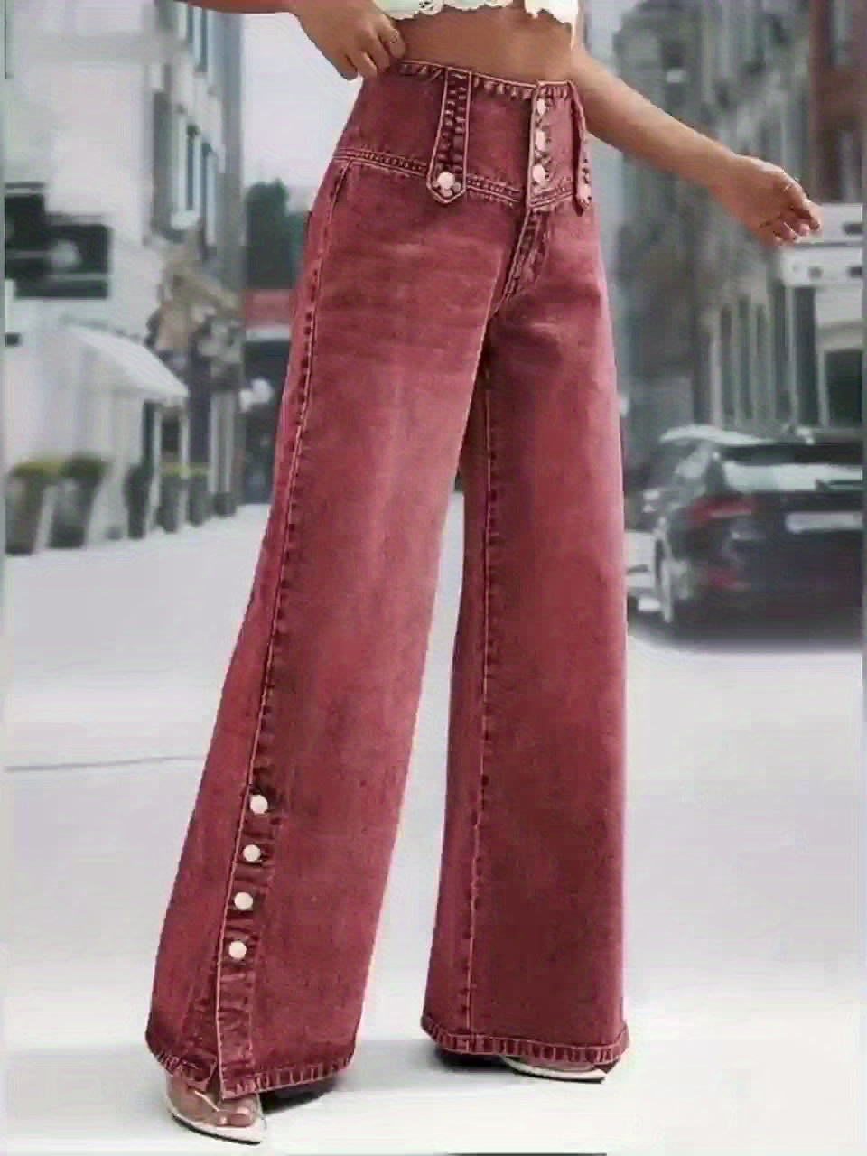 High-Waisted Snowflake Denim Pants with Buckle & Snap Closure