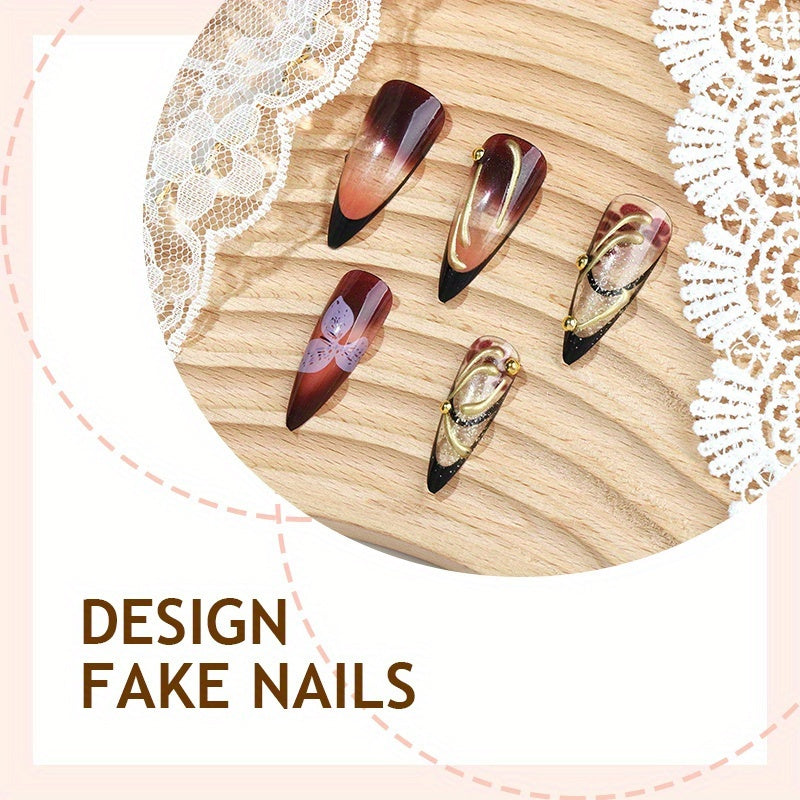 24pcs 3D Flowers Press On Nails - Long Stiletto Fake Nails with Vintage Glam Style, Reusable Acrylic Brown Nails for Women, Includes Nail File & Jelly Glue, Full Coverage XXL/XXXL, Cute Nails