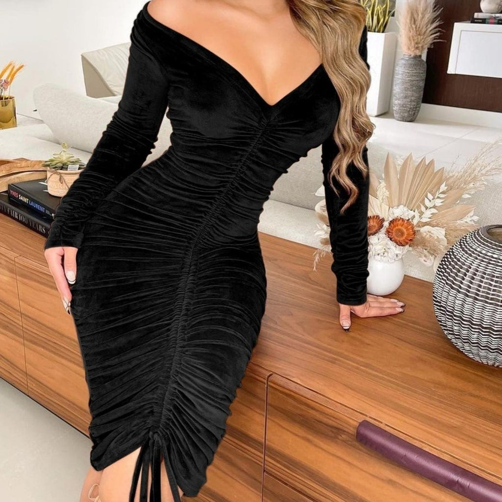 V Neck Off The Shoulder Velvet Ruched Mid-Length Dress