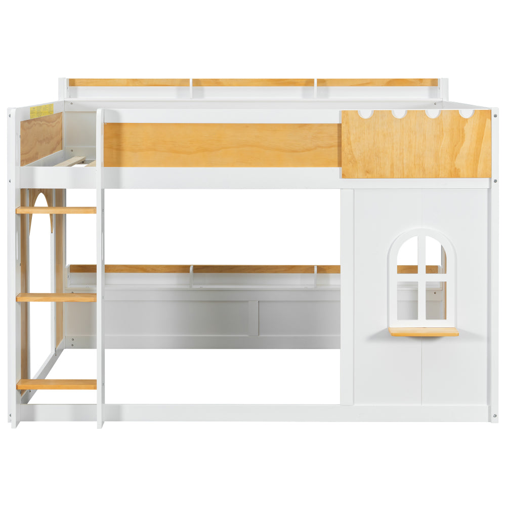 Full over Full Bunk Bed with Storage Shelves, Window & Two Doors - Twin/Full Bed Frame, Space-Saving Heavy-Duty, 550 Weight Capacity, Easy Assembly (White & Natural) for ' Bedrooms, Dorms, Guest rooms